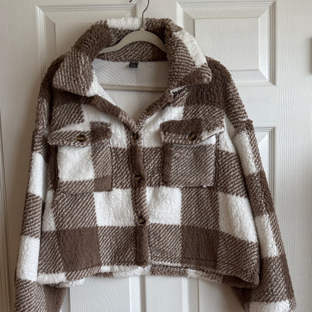 SHEIN Brown and White Checkered Teddy Jacket